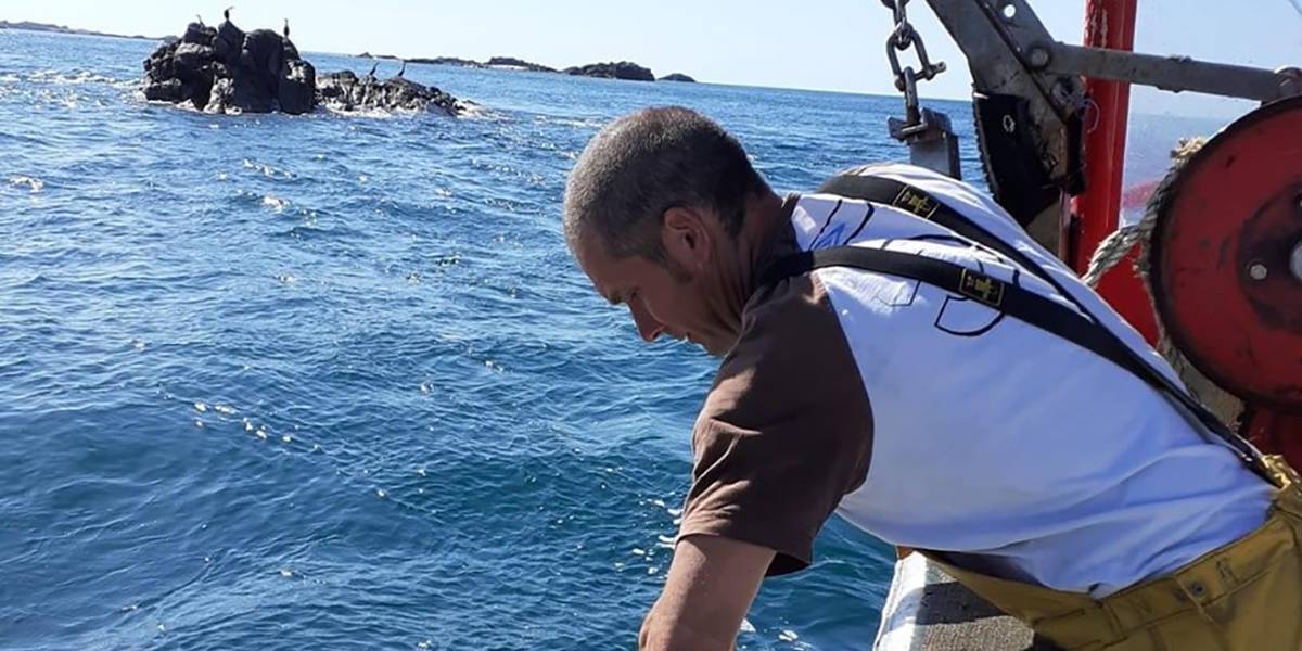 Pêcheur relevant son filet au large de Pirou, dans la Manche