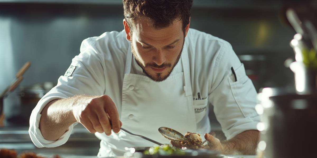 Chef de restaurant dressant une assiette en cuisine professionnelle